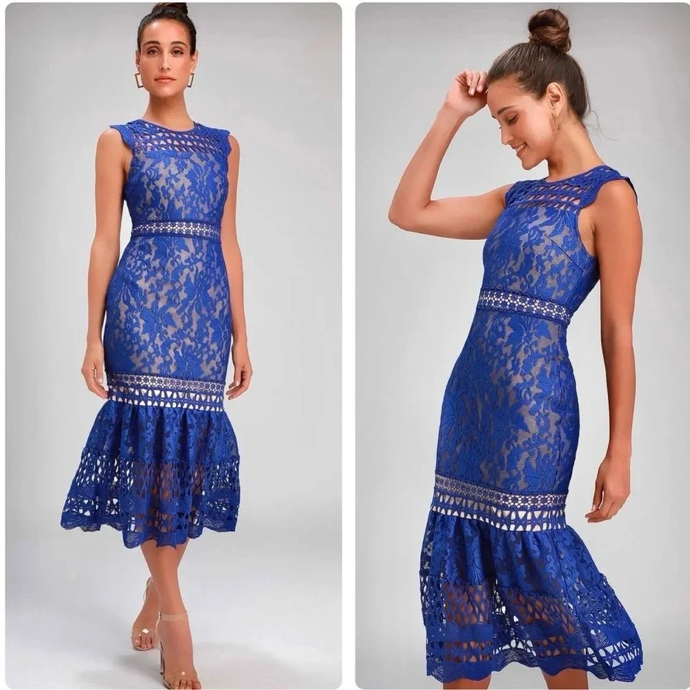 Lulu's Cobalt Lace Midi Dress with Flared Hem
